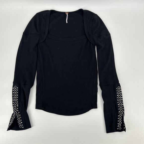 Free People A Little Unruly Waffle Top Womens Size SP Black Grommets Square Neck - Picture 1 of 9